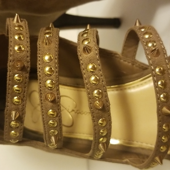 Beige Peep Toe Spike Stiletto High Heel Ankle Boots Studs Size 8 - Picture 3 of 12